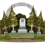 Graphic of cemetery with QR Code gravestone