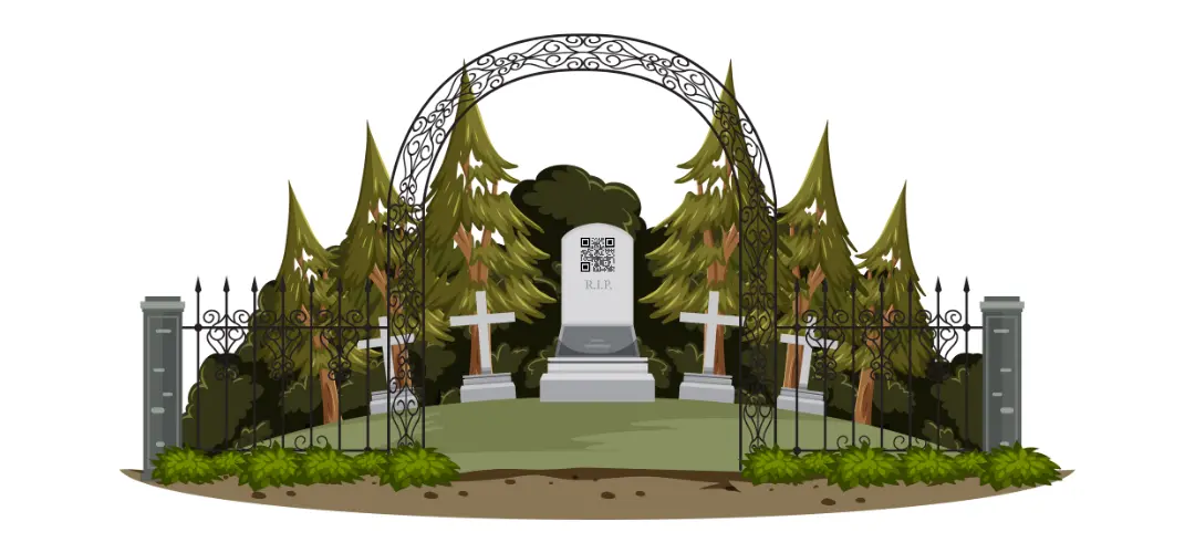 Graphic of cemetery with QR Code gravestone